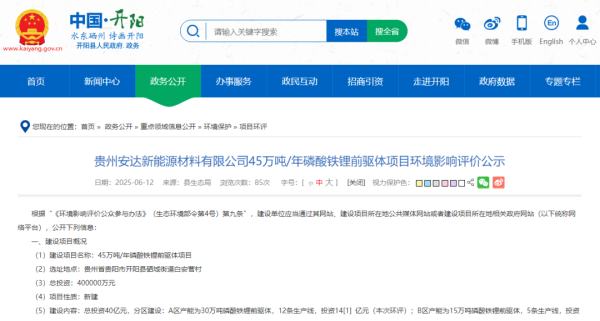 配资专业门户 总投资40亿磷酸铁锂项目落地贵州